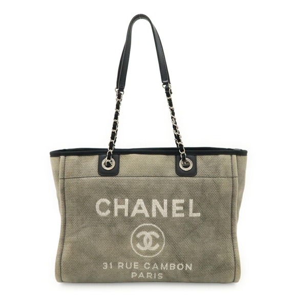 CHANEL Handbags - CHANEL Deauville Line Tote MM Bag Shoulder Chain Canvas Leather Gray Black A6...